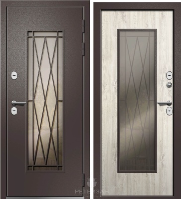 Дверь мет ВЕСТА ТЕРМО (стеклопакет МАХ, ковка снаружи) Муар Кортен,МДФ 10 мм, Дуб полярный , хром