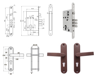 Замок врезной ПРОСАМ ЗВ4 31.55 замок+ ручки на планке Медь