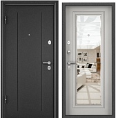 Дверь металл TOREX  DELTA PRO MP (темно-сер букле графит RGSO ПВХ Бьянко 	СК6-СМ) (2050*860, L, левая, зеркало, магнит.уплотнит., Ручка Boston, темно-серый букле графит, хром)