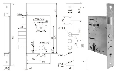 Замок врезной цилиндровый  Galoc  (для Тульских дверей аналог Бордер ЗВ4-31/55)